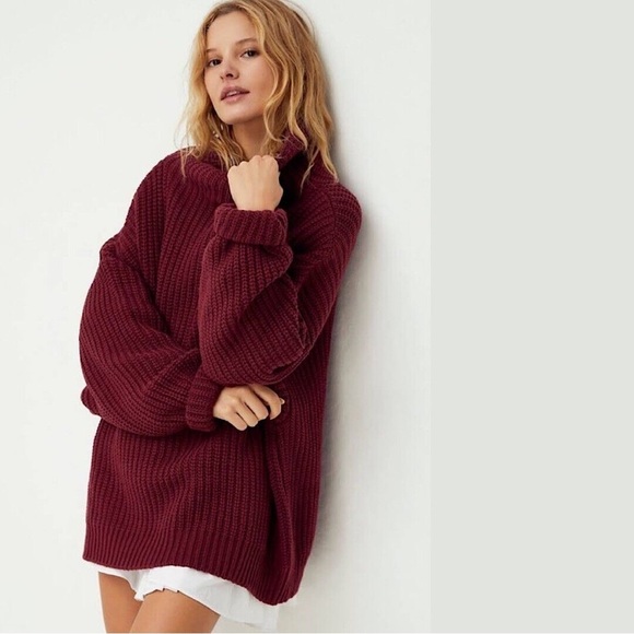 Free People Sweaters - Free People Swim Too Deep Pullover Burgundy Knit Oversized Sweater Size Small